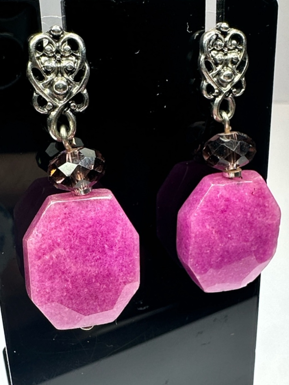 Pink Jade Gemstone Drop Post Back Earrings - Picture 9 of 10
